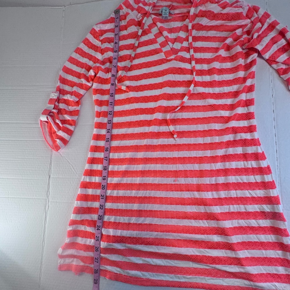 Balance Cover-Up Collection Neon Coral Stripe Hooded Swim Cover Up Tunic Medium - Picture 7 of 12